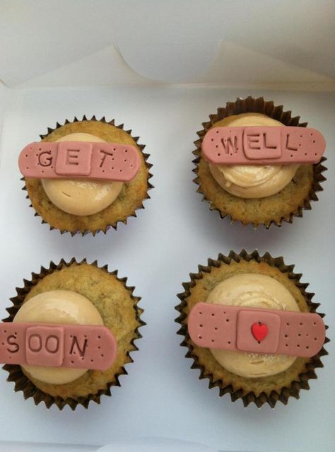 Get Well Soon Cupcakes Yummy cupcakes with edible "Get Well Soon" band aids Get Well Soon Cupcakes, Graduation Cupcake Cake, Get Well Gift Baskets, Cupcake Decorations, Graduation Cupcakes, Easy Cake Decorating, Get Well Soon Gifts, Get Well Gifts, Yummy Cupcakes