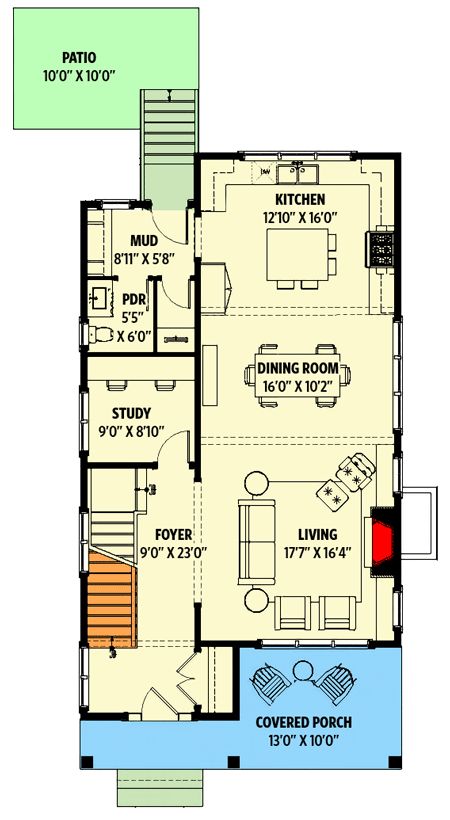 This contemporary coastal farmhouse plan is an ideal option for narrow urban lots with its 26'5"-wide footprint. The home gives you 5 bedrooms, 3.5 bathrooms and a detached 2-car garage. The front of the home features a covered patio and the rear has a patio and access to a 2-stall garage. The main floor provides an open plan living area, dining space, a kitchen with a large center island, a study, and a rear mudroom with lockers and a powder room.  Upstairs you'll find 3 sizeable bedrooms Floor Plan With Garage In Back, Coastal Farmhouse Plans, Mudroom With Lockers, Apartment House Plans, Inlaw Suite, Small Floor Plans, Narrow Lot House Plans, Narrow House, Garage Plan