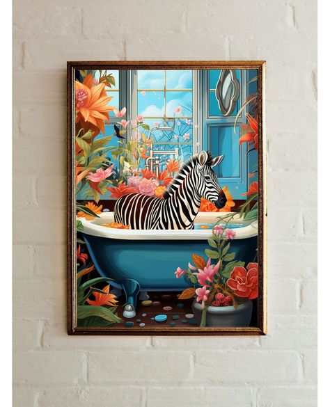 Experience awesomeness! Introducing Zebra in Bathtub Tropical Bathroom Digital Print - Whimsical Maximalist Animal Art | Fun Eclectic Decor for Nursery & Kids Bathroom, available now at an amazing price of £4.60 #BotanicalBathroom #FunnyBathroomArt #FunAnimalPrints #MaximalistWallArt #NurseryDecor #EclecticDecor #AnimalBathroomArt #BathroomPrints #KidsBathroomPrint #BathroomWallArt Whimsical Maximalist, Doors Painting, Decor For Nursery, Funny Bathroom Art, Tropical Bathroom, Maximalist Wall Art, Wall Paint Designs, Eclectic Art, Kids Bathroom