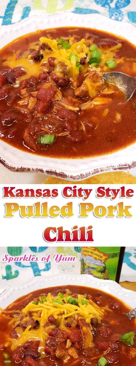 Sweet meets heat in this hearty Kansas City Style Pulled Pork Chili. Be sure to grab a cold brewsky because one's going in the pot to add to the complex flavors of this Midwestern favorite! #chili #pork #KansasCity #comfortfood #midwest Bbq Pork Soup, Kansas City Food Recipes, Kansas City Chili Recipe, Pulled Pork Chili Recipe, Pork Chili Recipe, Chili Sweet, Chili Pork, Pulled Pork Chili, Chili Recipe Stovetop