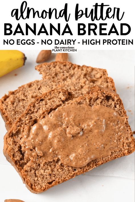 This Almond Butter Banana Bread is an healthy, dairy-free, egg-free and refined sugar free banana bread made with almond butter. It has the most delicious soft and fluffy crumb with a delicious banana almond flavor and 4g protein slice. Banana Bread Egg Free, Protein Slice, Almond Butter Banana Muffins, Banana Bread No Eggs, No Sugar Banana Bread, Almond Butter Banana Bread, Sugar Free Banana Bread, Protein Banana Bread, Egg Free Baking