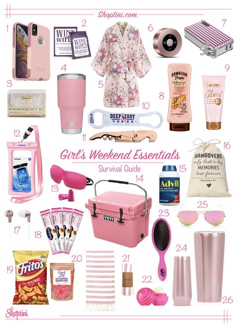 Everything you need and more for the best girls weekend! #girlsweekend #essentials #girlsweekendsurvivalguide #packsmart #bacheloretteweekend #pink #pinkthings #survivalguide #pinksurvivalguide #pinkgirlsweekend What To Bring To Bachelorette Weekend, Bachelorette Weekend Packing List, What To Pack For Bachelorette Weekend, Spa Weekend Packing List, Bachelorette Beach Gift Bags, Packing For Bachelorette Weekend, Bachelorette Trip Goodie Bags, Swag Bags For Women, Vacation Goodie Bags For Adults