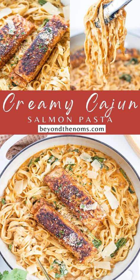 Fettuccine noodles coated in an ultra creamy Cajun parmesan sauce with tender salmon. An amazing dinner in 20 minutes! #salmondinner #pastadinner #easydinner Fish With Pasta Recipes, Pasta That Goes With Salmon, Blackened Salmon Pasta Alfredo, Pasta To Go With Salmon, Blackened Salmon Pasta Recipes, Dinner Ideas For Pescatarians, Creamy Salmon Alfredo Pasta, Pasta For Salmon, Easy Salmon Pasta