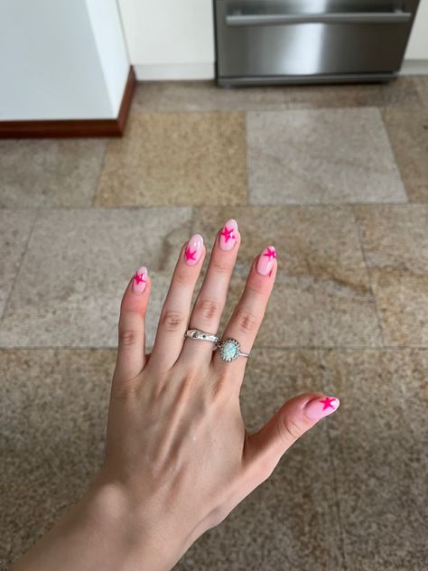 Pink Nails With Red Stars, Y2k Gel Nails, Blue Shellac Nails, Pink Star Nails, Semi Nails, Random Nails, Nail Inspired, Nails With Pink, Summer Nails Almond