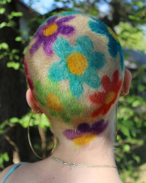 Shaved Head Flowers, Flower Hair Dye Shaved Head, Flower Shaved Hair Designs, Flower Buzzcut, Colourful Buzzcut, Buzzcut Hair Dye Art, Buzz Cut Hair Dye Designs, Shaved Head Art, Shaved Head Designs