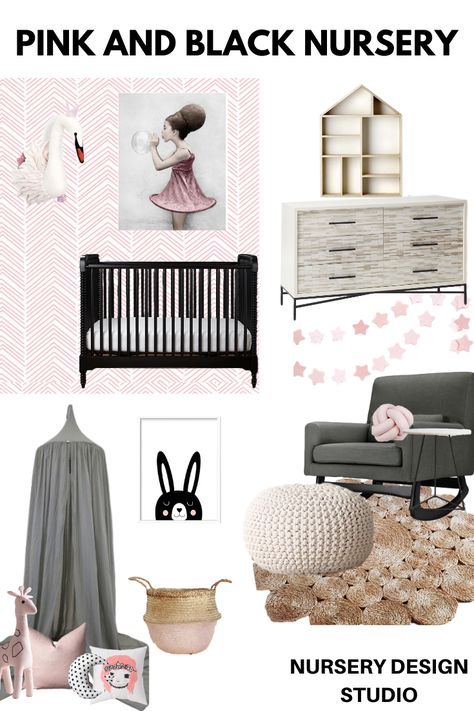 This pink and black nursery design along with the grey accents makes for a gorgeous nursery that's both girly and sophisticated. #PINKANDBLACKNURSERY Blush And Black Nursery, Pink And Black Nursery, Gorgeous Nursery, Nursery Design Board, Black Crib, Baby 2024, Pink Blackout Curtains, Girly Nursery, Blush Nursery