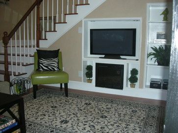 tv built in under staircase | Television Under Stairs Design Ideas, Pictures, Remodel and Decor Tv Against Staircase, Under Stairs Design Ideas, Under Stairs Design, Under The Stairs Ideas, Interior Design Under Stairs, Home Staging Ideas, L Shaped Living Room, Room Under Stairs, تحت الدرج