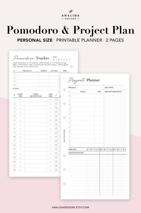 ♥ PERSONAL - Project Planner + Pomodoro Task Trackers are a great duo to help tackle your most toughest and simple tasks + help you triple your productivity. This Project Planner will help you ensure that you stay organized and on stay on track of your project and deadlines. Personal Project Planners, Gtd Planner, Pomodoro Planner, Printable Project Planner, Time Blocking Printable, Financial Printables, Project Planner Printable, Agenda Digital, Filofax Personal