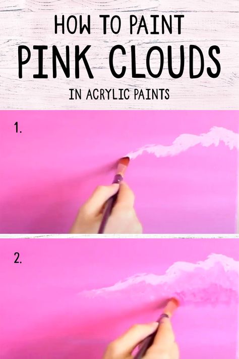 The easy way to paint a beautiful pink cloud background in acrylic paints. This is an easy way to paint pink clouds! Pink And Purple Clouds Painting, How To Paint Sunset Clouds Acrylic, Pink Cloud Background, Pink Clouds Painting, Light Yellow Paint, Pink Clouds Sky, Cloud Painting Acrylic, How To Paint Clouds, Painting Clouds