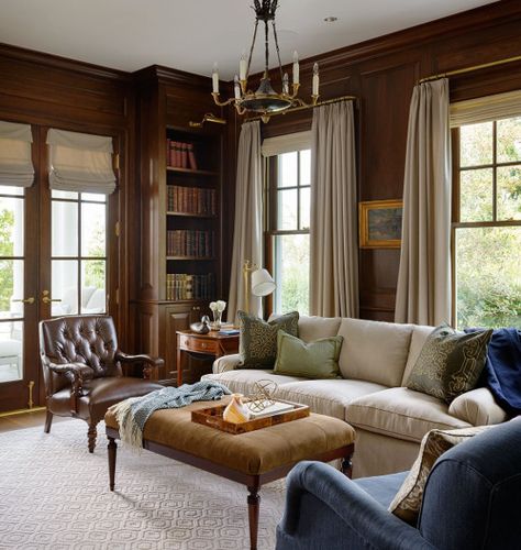 Wood Paneling Living Room, Bookshelves In Living Room, Brown Walls, Brown Living Room, Wood Home Decor, Living Room Diy, Chandelier In Living Room, Large Living Room, A Living Room