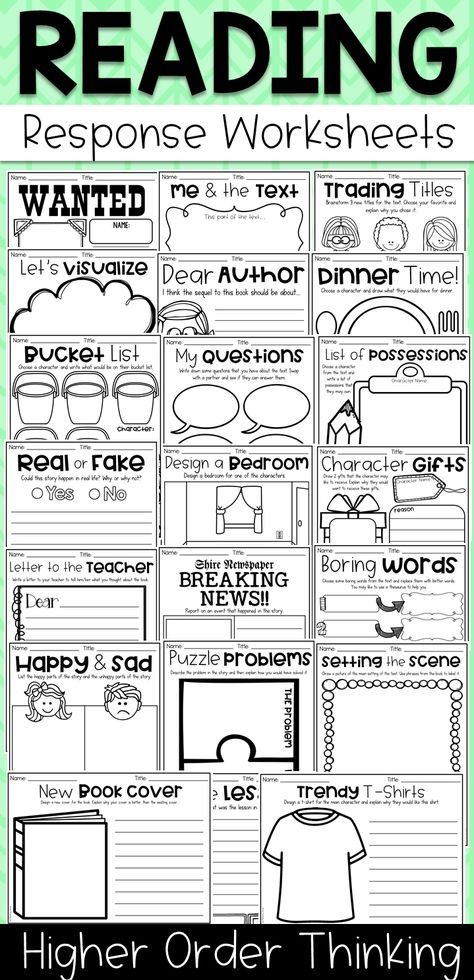 Get your students thinking critically about reading with these HOTS reading response sheets. There's lots of activities related to character, plot, vocabulary, reading strategies and more. Hot Reading, Reading Response Worksheets, Reading Response Activities, Guided Reading Activities, Higher Order Thinking Skills, Third Grade Reading, Higher Order Thinking, Teaching Language Arts, 2nd Grade Reading