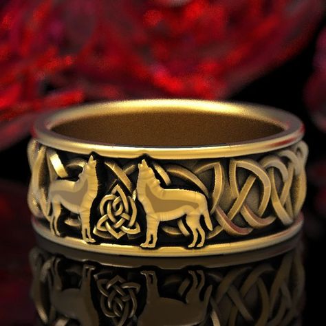 Solid Celtic Wolf Ring in Gold Wolf Wedding Band Celtic | Etsy Wolf Rings, Wolf Wedding, 2 Wolves, Norse Ring, Celtic Wolf, Unique Ring Designs, Wolf Ring, Mens Gold Wedding Band, Animal Ring