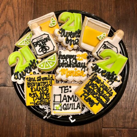 1 dozen Tequila theme 21 st birthday set Cabo Themed Birthday Party, Tequila Bday Party, 21st Birthday Tequila Theme, Men’s 21st Birthday, Tequila 21st Birthday, Tequila Theme Party, Boys 21st Birthday Ideas Decorations, 21 Birthday Cookies, 21st Birthday Sugar Cookies