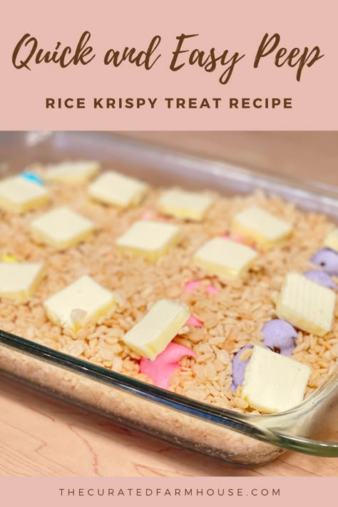 Quick and Easy Peep Rice Krispy Treat Recipe #springrecipe #springdessert #eastertreat #easterdessert via @thecuratedfarmhouse Baked Rice Krispie Treats, Easy Easter Party Food, Rice Krispie Treats For Easter, Easter Krispie Treats, Easter Rice Krispy Treat, Quick And Easy Rice Crispy Treats, Quick And Easy Easter Treats, Bunny Rice Krispie Treats, Easter Peeps Dessert