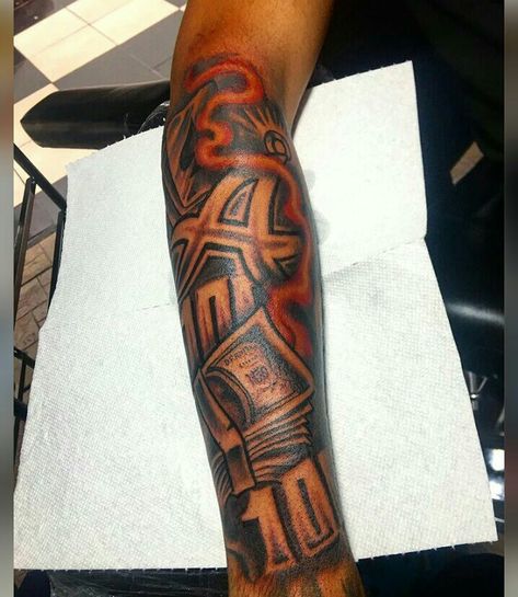 Polo G Tattoo Ideas, Shoulder Tattoo Men Sleeve, Atlanta Tattoo Ideas For Men, Atl Tattoo Ideas, Polo G Tattoo, Left Forearm Tattoo Men, Brick Tattoo For Men, Area Code Tattoo Men, Dark Skin Tattoo Men