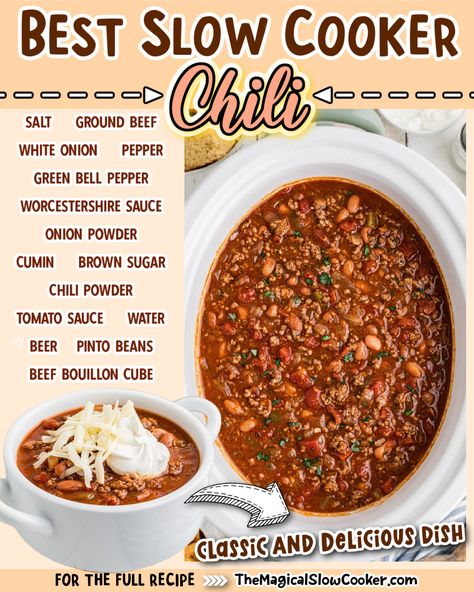 This slow cooker chili recipe will leave the crockpot empty and your family asking for more. It calls for simple pantry favorites that make for a hearty chili that's absolutely delicious. It truly doesn't get much easier than this dump-and-go recipe - perfect for busy weeknights or weekends. - The Magical Slow Cooker Chili Recipe Crockpot Mild, Chili With Cocoa Powder Crock Pot, Worlds Best Chili Crock Pot, Best Easy Chili Recipe Crockpot, Healthy Chili Crockpot Recipes, Best Slow Cooker Chili Recipe, The Best Chili Recipe Crock Pots, Crock Pot Chili Recipes Slow Cooker, Best Chili Recipe Crockpot