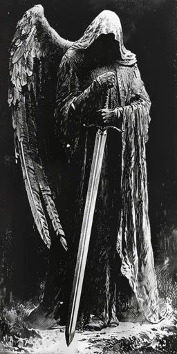 ↑↑↑ Larger size on website 🔸 A hooded figure, cloaked in shadow, stands with a sword. Their face is obscured, but the figure seem 🔸 From Midjourney AI Image Dark Figure Shadows, Spirit Aesthetic, Virgil Finlay, Feathered Wings, Winged Angel, Figure Poses, Tattoo Inspo, An Angel, Cloak