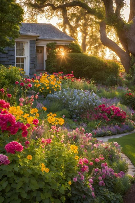 A picturesque cottage nestled in a lush, vibrant English garden, with a stone path winding through the colorful floral beds and shrubs, surrounded by the warm glow of the sunset. Flower Beds In Front Of House, English Garden Landscaping, Beautiful Flower Beds, Front Of House Ideas, Garden Landscaping Ideas, Front Flower Beds, Landscape Flowers, Flower Bed Ideas, Serene Nature