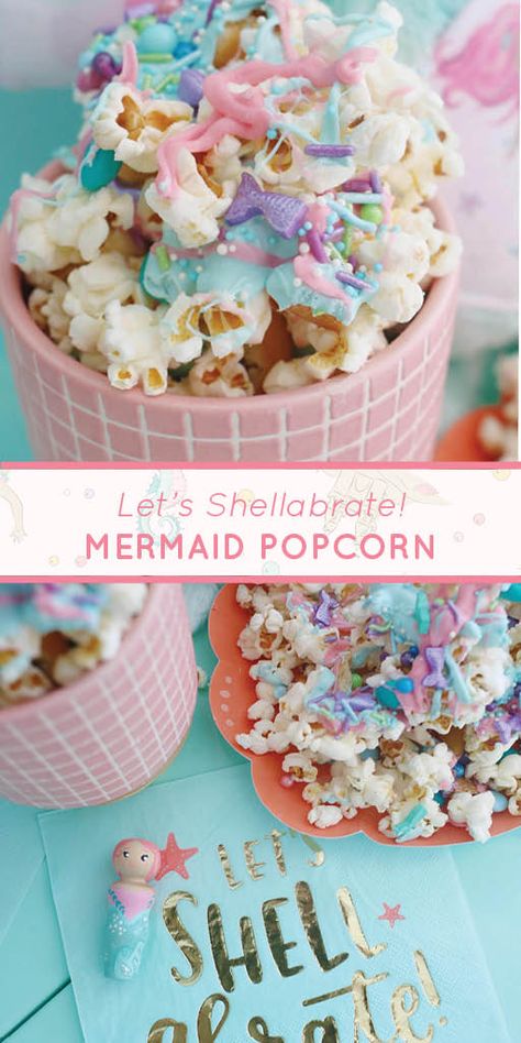 Let's Shellabrate Mermaid Popcorn | The kids love when we make fun treats and this one is no different. They love being able to drizzle the chocolate all over the popcorn and add different sprinkles and other fun candies to make it colorful and delicious! They really enjoy these fun snacks and love getting a special treat that is so easy to make! || Live Sweet Mermaid Rice Krispie Treats, Mermaid Popcorn, Mermaid Treats, Gabby Party, Birthday Popcorn, Ocean Birthday Party, Girly Birthday Party, Mermaid Theme Birthday Party, Girly Birthday