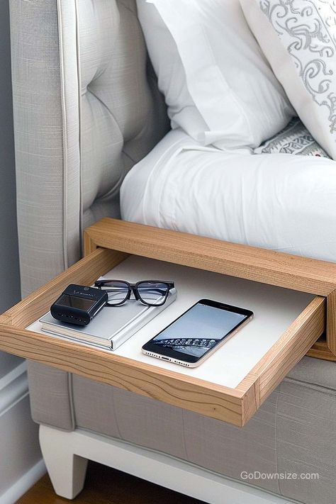 This retractable solid wood bedside shelf is a fantastic addition to any bedroom because it combines style and practicality. Beside Bed Storage, Small Space Bedside Table Ideas, Nightstand With Hidden Compartment, Bed Side Organizer, Space Saving Nightstand, No Bedside Table Space, No Room For Nightstand Ideas, Extra Space Ideas, Bedside Shelf Ideas