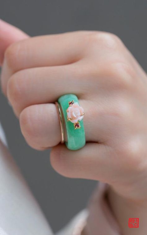 Korean Jewelry, Coral Ring, Natural Coral, Jade Ring, Natural Jade, Silver Work, Black Spot, Pink Ring, 925 Sterling Silver Jewelry