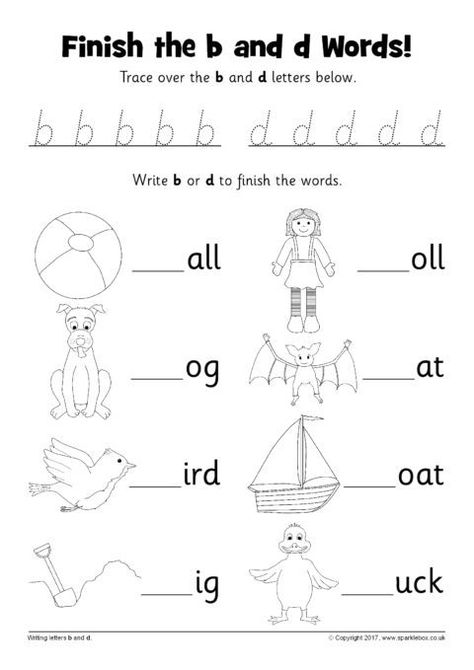 Finish the Words Worksheets – b and d (SB12229) - SparkleBox D And B Worksheets, Pp2 English Worksheets, B D Worksheets, B And D Confusion Worksheets, B And D Activities, Pp2 Worksheets, B And D Worksheets, Ks1 Worksheets, B And D Confusion