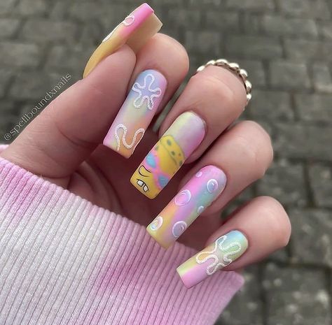 Smiley Face Nails, Spongebob Nails, Ballerina Nails Designs, Face Nails, Spongebob Party, Colorful Nail, Simple Acrylic Nails, Pastel Tie Dye, Exotic Nails