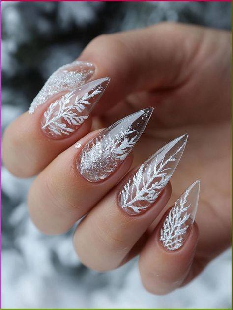 Snow Queen Nails, White Christmas Tree Nails, Frosty Christmas Nails, Snowflake Nails Acrylic Coffin, Clear Snowflake Nails, Christmas Snow Nails, Icicle Nails Acrylic, Blizzard Nails, Winter Acrylic Nails Ideas