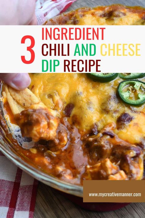 Make this easy 3-ingredient chili and cheese dip recipe for game day or as an evening snack. Layers of cream cheese and chili are topped with gooey cheese. Serve with Fritos scoops as a quick appetizer that is sure to be a hit. Stagg Chili Dip Recipe, Chili Dip With Cream Cheese Crock Pot, Recipe With Fritos, 3 Ingredient Chili, Chili Dip Recipes, Chili Cheese Dip Recipes, Frito Recipe, Warm Appetizers, Cream Cheese Recipes Dip