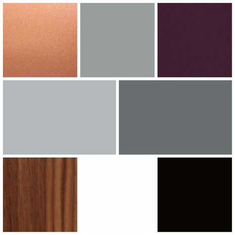 Color palette for our living spaces. A mix of grays on the walls, black and white art, with plum and copper accents and medium walnut wood tones. Walnut Colour Scheme, Black White Gray Wood Color Palette, Walnut Wood Color Palette, Black And Wood Color Palette, Black And Copper Living Room, Dark Wood Floors Grey Walls, Walnut Color Palette, Wood Floors Grey Walls, Medium Wood Kitchen