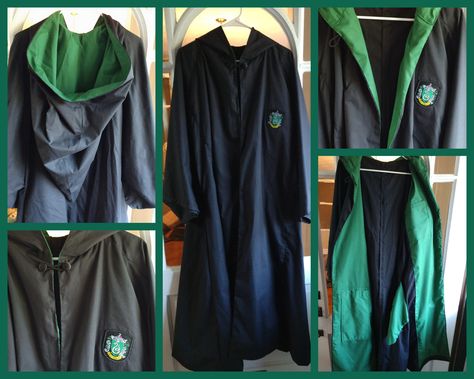 Slytherin Hogwarts robe for librarian friend to wear to Harry Potter birthday event. In-seam side pockets interior wand pocket additional interior pocket for glasses. Self-drafted. #sewing #crafts #handmade #quilting #fabric #vintage #DIY #craft #knitting Slytherin Diy, Harry Potter Cape, Harry Potter Cloak, Slytherin Costume, Hogwarts Robes, Harry Potter Robes, Hogwarts Uniform, Diy Costumes Women, Harry Potter Cosplay