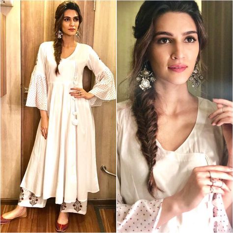 Kriti Sanon Hairstyle With Suit, Punjabi Hairstyles, Traditional Hairstyle, Ethnic Hairstyles, Kriti Sanon, Traditional Indian Outfits, Front Hair Styles, Indian Dress, Indian Designer Outfits