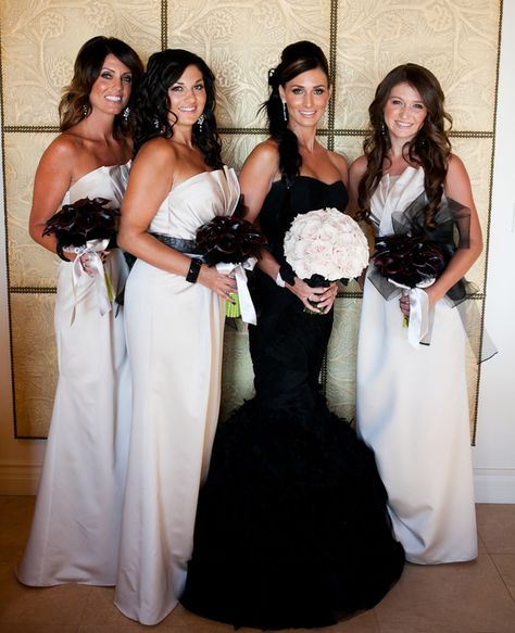 A Rock ‘n Roll Wedding (With A Black Wedding Dress!) | The Knot Blog – Wedding Dresses, Shoes, & Hairstyle News & Ideas White Bridesmaid Dresses Black Bride Dress, Bride In Black Dress Wedding Photos, Black Wedding Dress And Bridesmaids, Black Wedding Dress White Bridesmaids, Black Wedding Dress Bouquet, Black Wedding Dress With Bridesmaids, Black Wedding Gowns, Rock N Roll Wedding, Black Wedding Dress