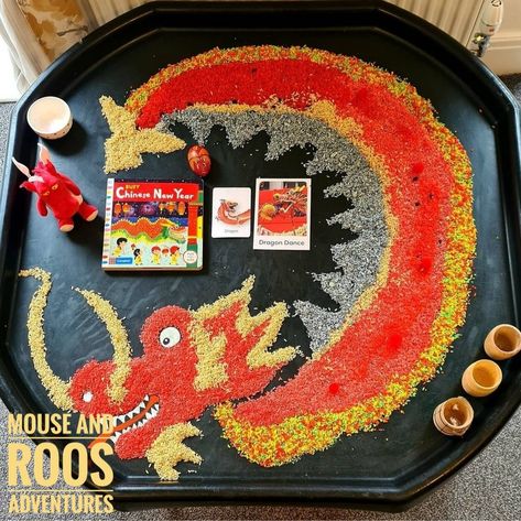 Dragon Tuff Tray Ideas, Dragon Tuff Tray, Chinese Tuff Tray Ideas, Chinese New Year Tuff Tray, China Sensory Bin, Chinese New Year Sensory Play, Chinese New Year Dragon Tuff Tray, Chinese New Year Provocations, Chinese Dragon Activities For Kids