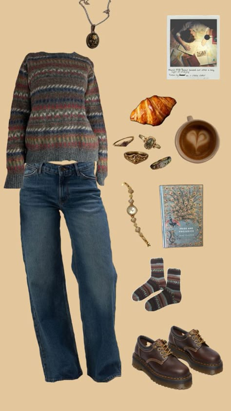 fall outfit inspo, autumn outfit inspo, cute fall outfit, grandpa sweater outfit, brown doc martens outfit, mid rise jeans outfit, fall aesthetic outfit inspiration Jeans Outfit Fall Aesthetic, Brown Doc Martens Outfit, Mid Rise Jeans Outfit, Grandpa Sweater Outfit, Brown Doc Martens, Autumn Outfit Inspo, Fall Aesthetic Outfit, Martens Outfit, Doc Martens Outfit