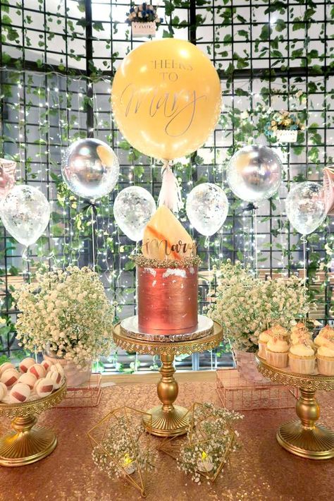 Loving this Elegant themed birthday party! The cake is stunning!! See more party ideas and share yours at CatchMyParty.com #cake #elegant #party Simple Elegant Birthday Decorations, Older Lady Birthday Party Ideas, Elegant 18th Birthday Party Ideas, 70th Birthday Party Themes For Women, 48 Birthday Party Ideas, 60th Birthday Themes For Women, 35th Birthday Party Ideas, Classy Birthday Party Ideas, Elegant Birthday Party Decorations