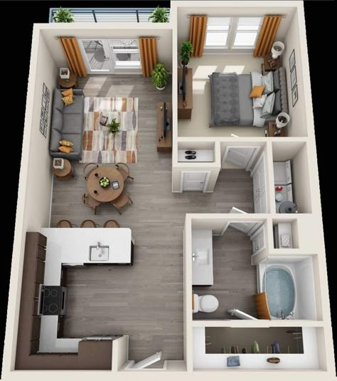 Townhouse Floor Plans, Small Apartment Floor Plans, Modern Design House, House Design 3d, Small Apartment Plans, One Bedroom House Plans, One Bedroom House, Three Bedroom House Plan, Student Apartment