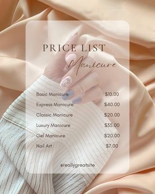 Nail List Price, Beauty Salon Price List Template, Price List Design Nails, Price List Design Templates Layout, Beauty Salon Aesthetic Instagram, Manicure Price List, Nail Art Price List, Price List Design Salon, Beauty Salon Instagram Posts