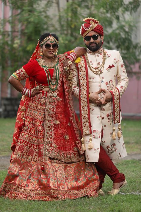 Red lahenga with contrast green jewellery 
Bride and groom matching outfit Bride And Groom Matching Outfits, Bride And Groom Matching, Gujarati Bride, Matching Outfits, Bride And Groom, Bride Groom, Red, How To Wear