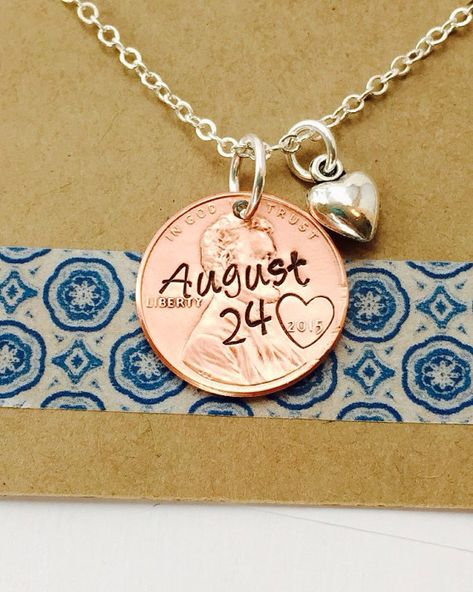 Anniversary Date Hand Stamped Penny Necklace by UniquelyImprint Penny Crafts, Metal Stamping Diy, Penny Jewelry, Jewelry Stamping, Penny Necklace, Date Necklace, Couples Necklace, Rings Anniversary, Hand Stamped Metal