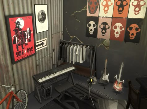 Sims 4 Punk Room, Rock Room Ideas, Bedroom Ideas Grunge, Sims 4 Room, Rock Bedroom, Sims Room, Musician Room, Sims Design, Sims Lots