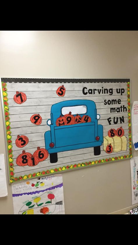 Red Truck Bulletin Board Ideas, Fall Bulletin Board Ideas For Math, Math Fall Bulletin Board Ideas, Fall Truck Bulletin Board, Fall Math Bulletin Board Ideas, Fall Math Bulletin Boards, Thanksgiving Bulletin Boards Preschool, Truck Bulletin Board, Pumpkin Bulletin Board