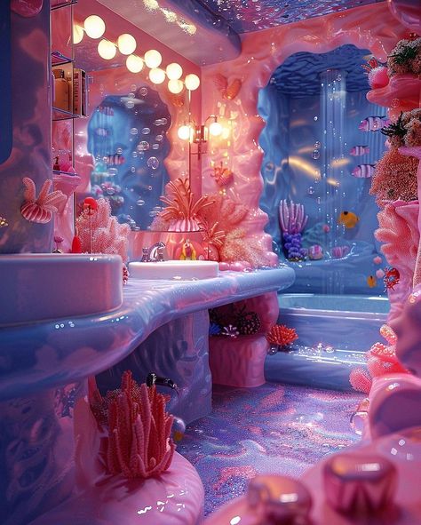 Kristen Elizabeth Wagoner | “The Mermaid Bar”. Deep beneath the crystal clear blue waters of Lindori beach in the secret underwater kingdom lies the Mermaid Bar. You… | Instagram Modern Living Room Ideas Black, Blue And Pink Room Aesthetic, Living Room Ideas Black, Underwater Bathroom, Mermaid Restaurant, Room Ideas Black, Mermaid Kitchen, Mermaid Grotto, Mermaid House