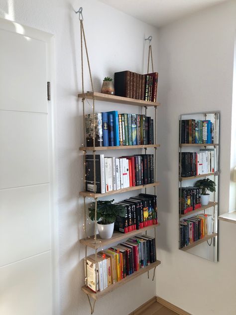 Side Wall Bookshelf, Wall Bookshelves Bedroom Floating Books, Tiny Shelves Decor, Book Shelving Ideas Bedroom, Book Shelves For Bedroom, White Wall Bookshelves, Wooden Bookshelf Ideas, Cute Room Bookshelf Ideas, Bookshelves For Small Bedroom