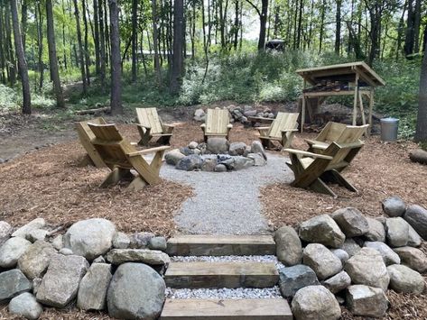 Rustic Rock Fire Pit, Fire Pit Woods, Fire Pit In Woods, Natural Rock Fire Pit, Fire Pit Makeover, Rock Fire Pit, Cabin Fire Pit, Firepit Design, Rustic Fire Pit