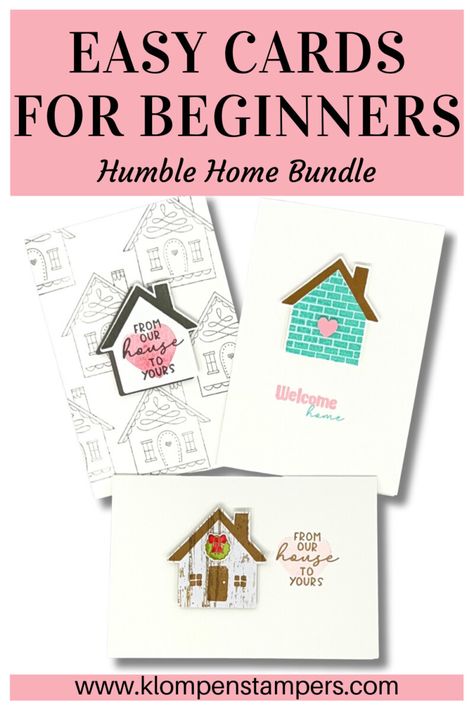 For this easy cards for beginners project I'm creating with the Humble Home Bundle. This bundle includes the Humble Home stamp set with a coordinating builder punch. So yes, we will stamp with a SIP and a punch! The punch is not necessary and you could easily recreate these cards without it, but having the coordinating punch is such an easy way to add a small level of dimension to your card to give it a whole different look. Klompen Stampers, Easy Card Making, Card Making Ideas Easy, Standard Card Sizes, Humble Home, Card Design Handmade, Simple Cards Handmade, Card Making Ideas, Stamping Cards