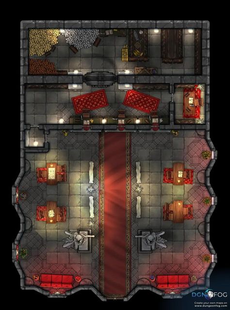 Download this map for free or create your on on dungeonfog.com. ⚔️ - #dungeon #rpg #ttrpg #battlemap #map #dnd #dnd5e #roleplay - A city bank, perfect for one shot heists, or for more long term campaign gameplay if the party need somewhere to store the gold before they spend it on buying a ship to sail away and ruin the DM's well laid out plans (#notsalty). The vault has a large solid door and thickened walls, perfect for shenanigans. The map has the following rooms: - Bank Vault - Tell... Dnd Heist, Dungeon Rpg, City Bank, Gold Vault, Bank Vault, Fantasy City Map, Solid Door, Rpg Maps, D D Maps