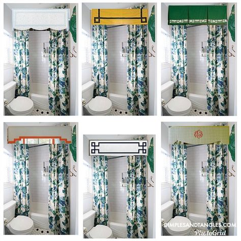 DIY SHOWER CURTAIN AND CORNICE BOARD TUTORIAL Shower Curtain With Cornice Board, Shower Valance Ideas, Shower Curtain Valance Ideas, Valance Shower Curtain, Shower Curtain Cornice, Shower Curtain Sewing Pattern, Diy Shower Curtain Ideas, Shower Cornice, Cornice Board Ideas