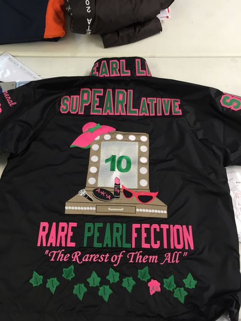 SuPEARLative AKA | Alpha Kappa Alpha Custom Jacket                                                                                                                                                                                 More Aka Line Jacket Designs, Line Jackets Sorority, Alpha Kappa Alpha Jackets, Alpha Kappa Alpha Clothing, Aka Alpha Kappa Alpha, Aka Apparel, Alpha Kappa Alpha Paraphernalia, Aka Paraphernalia, Alpha Kappa Alpha Sorority Paraphernalia