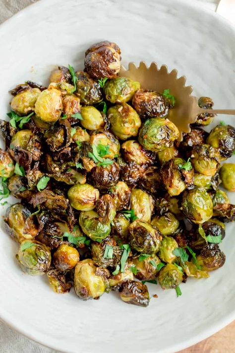 Sweet and Spicy Air Fryer Brussels Sprouts | greens & chocolate Honey Brussel Sprout Recipes, Brussel Sprout Recipes Air Fryer, Sweet And Spicy Brussel Sprouts, Air Fried Brussel Sprouts, Spicy Brussel Sprouts, Air Fryer Brussels Sprouts, Brussels Sprouts Gratin, Fried Brussel Sprouts, Bacon Brussel Sprouts